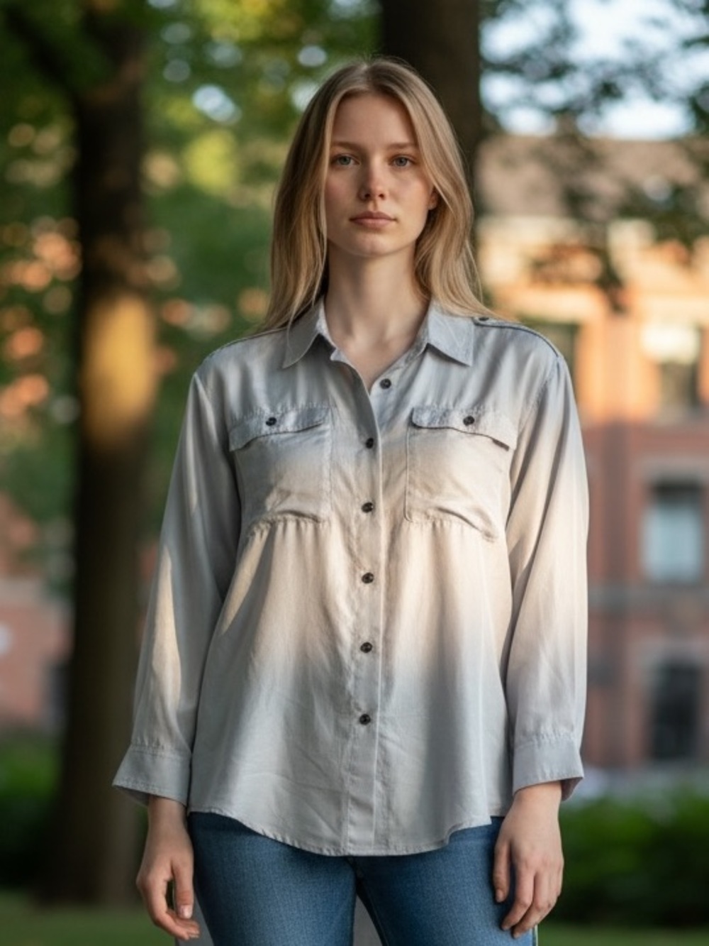 Express Light Gray Button-Front 100% Silk Women's… - image 1